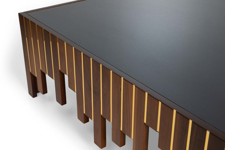 Turkish Center Table, Walnut With Gold Stripes - Tempered Smoked Glass, MDF With Vineer Paint - V Surfaces