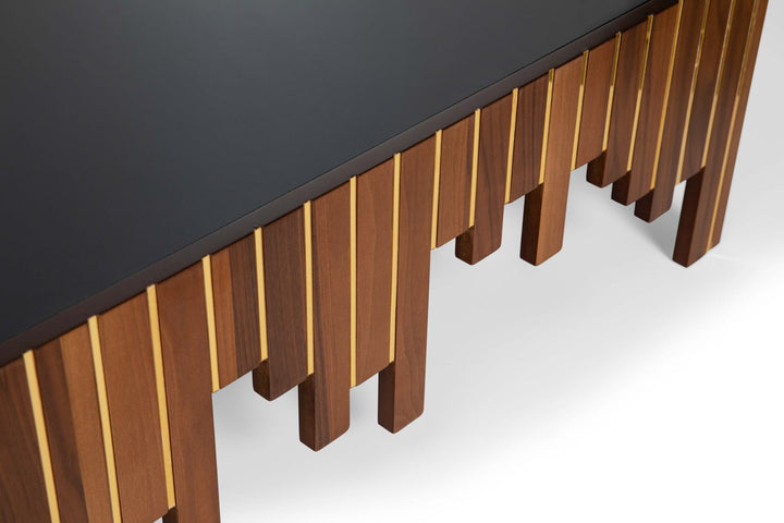 Turkish Center Table, Walnut With Gold Stripes - Tempered Smoked Glass, MDF With Vineer Paint - V Surfaces