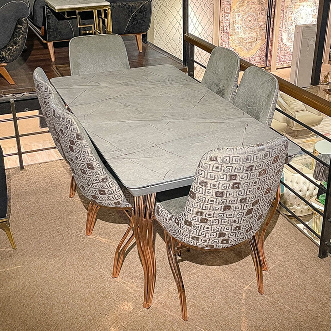 Turkish Koza Dining Table with Fabric Chairs, (Table + 6-Pcs Chairs) - V Surfaces