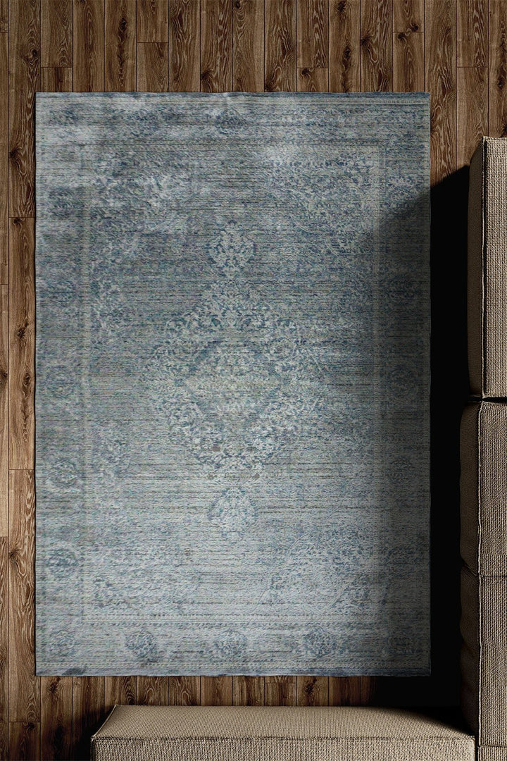 Turkish Modern Festival Viscos Rug - Gray & Blue - 4.9 x 8.0 FT - Sleek And Minimalist For Chic Interiors - V Surfaces