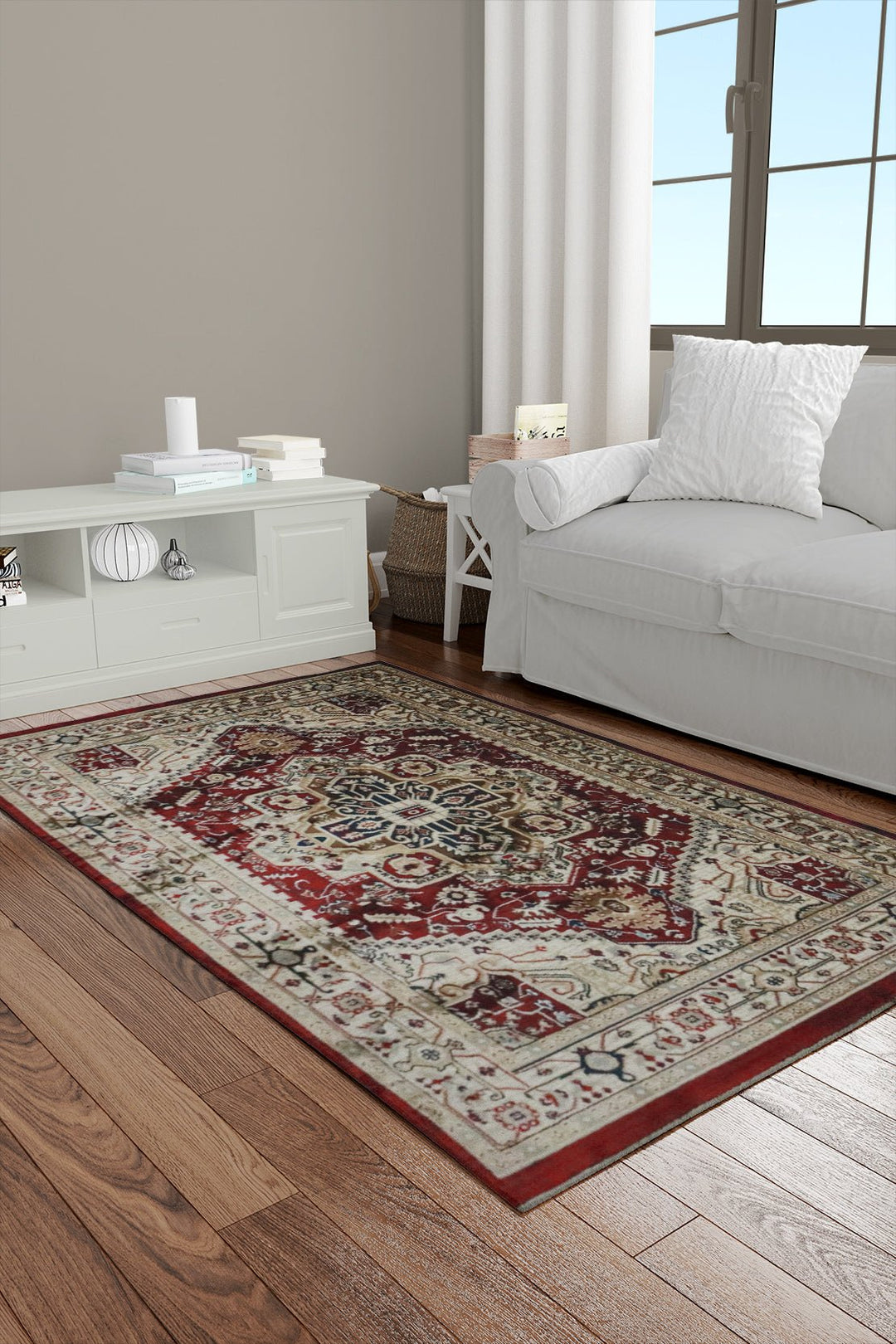 Turkish Modern Kazak Rug - Red and Cream - 3.9 x 5.5 FT - Superior Comfort, Modern Style Accent Rugs - V Surfaces