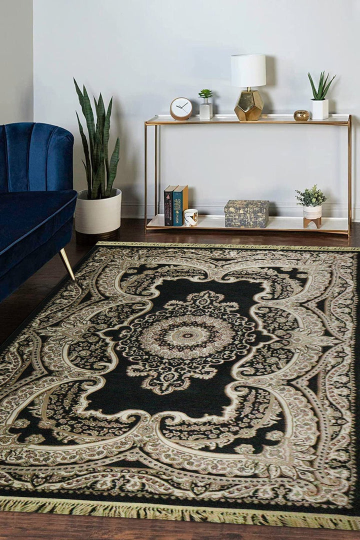 Turkish Modern Newmodena Rug - Black - 6.5 x 9.5 FT - Sleek and Minimalist for Chic Interiors - V Surfaces