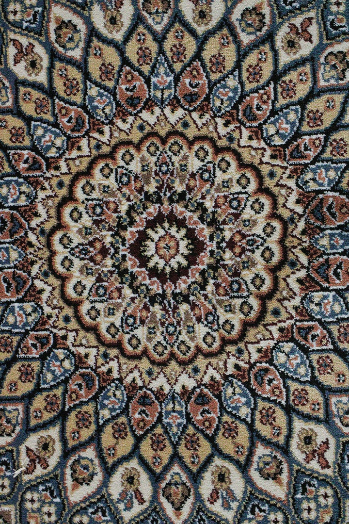 Turkish Modern Summer Kand Oval Rug - Blue and Cream - 7.8 x 11. FT - Sleek and Minimalist for Chic Interiors - V Surfaces