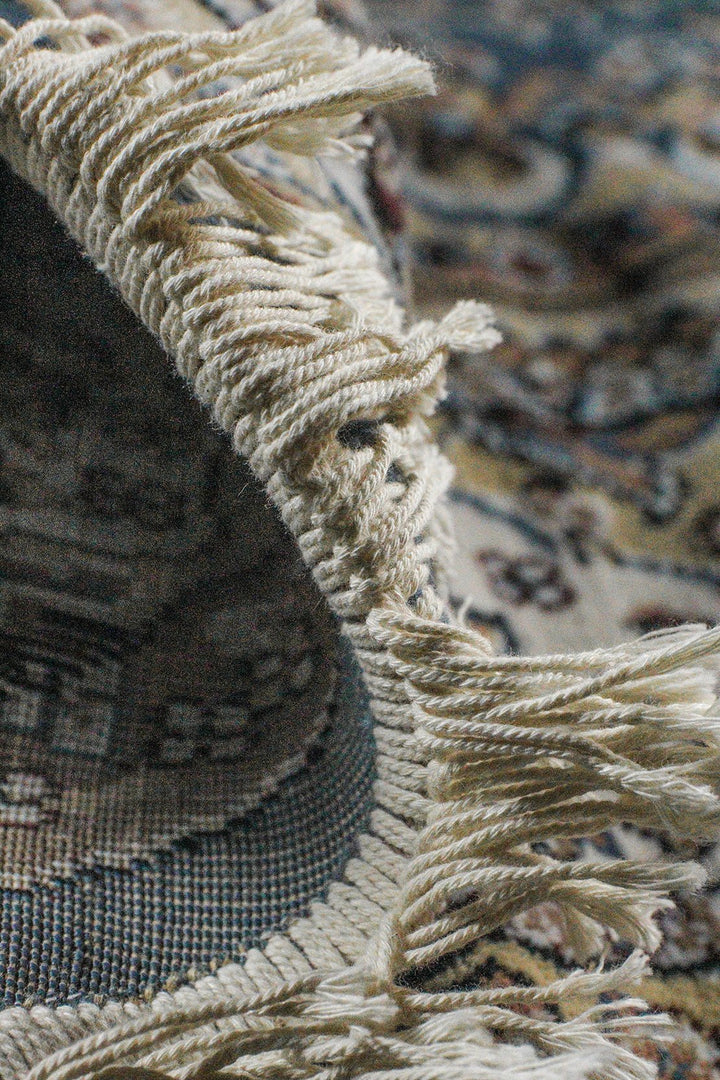 Turkish Modern Summer Kand Oval Rug - Blue and Cream - 7.8 x 11. FT - Sleek and Minimalist for Chic Interiors - V Surfaces