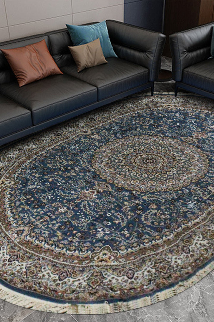 Turkish Modern Summer Kand Oval Rug - Blue and Cream - 7.8 x 11. FT - Sleek and Minimalist for Chic Interiors - V Surfaces
