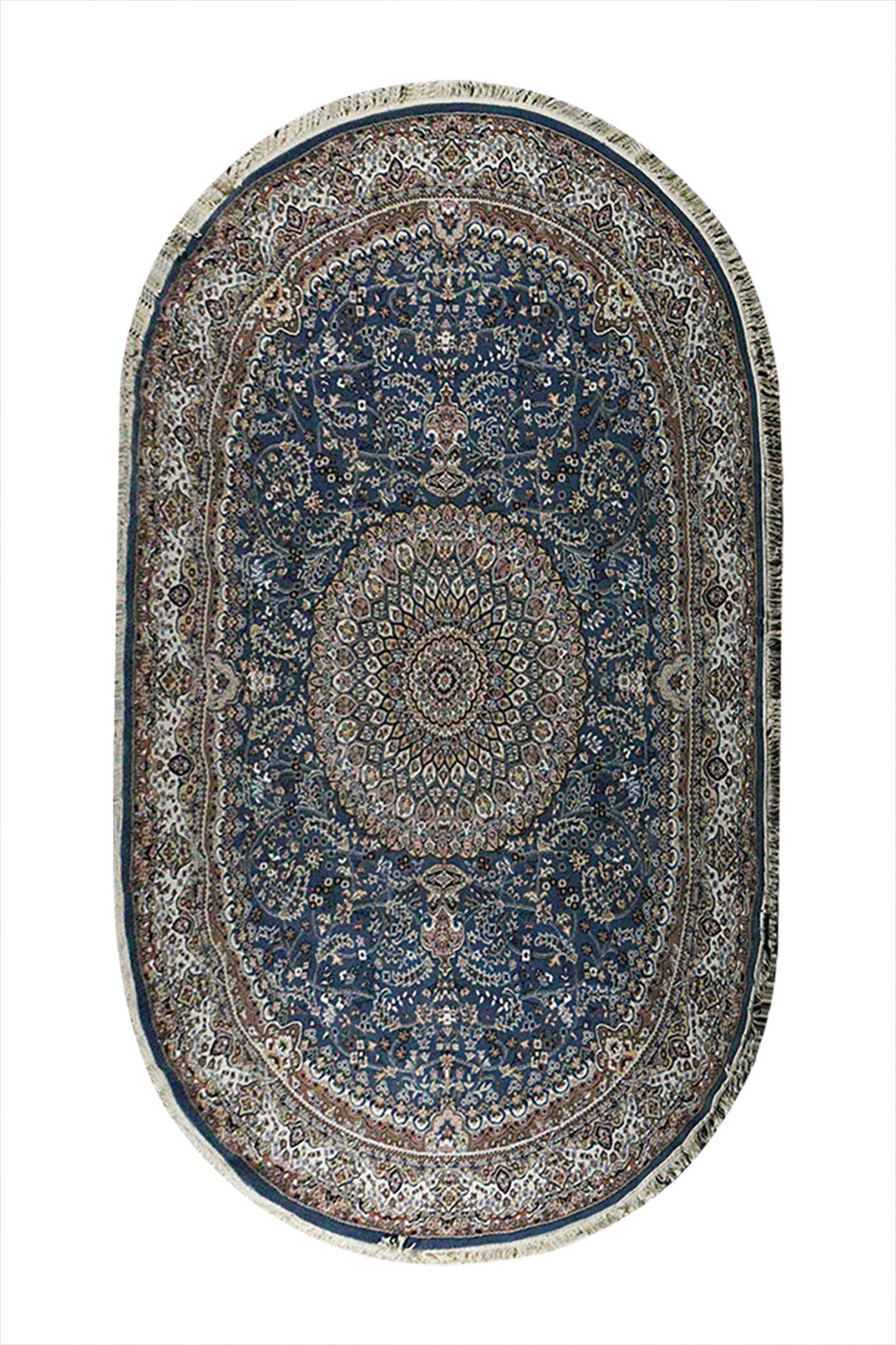 Turkish Modern Summer Kand Oval Rug - Blue and Cream - 7.8 x 11. FT - Sleek and Minimalist for Chic Interiors - V Surfaces