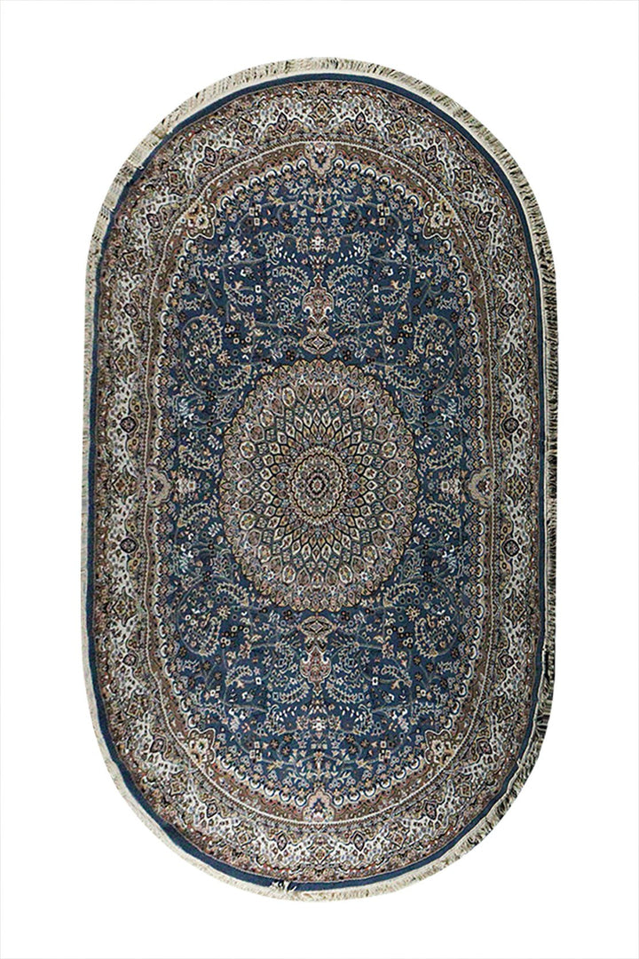 Turkish Modern Summer Kand Oval Rug - Blue and Cream - 7.8 x 11. FT - Sleek and Minimalist for Chic Interiors - V Surfaces
