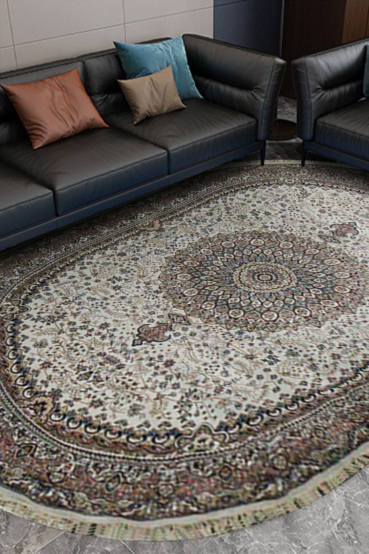Turkish Modern Summer Kand Oval Rug - Cream - 9.1 x 12. FT - Sleek and Minimalist for Chic Interiors - V Surfaces