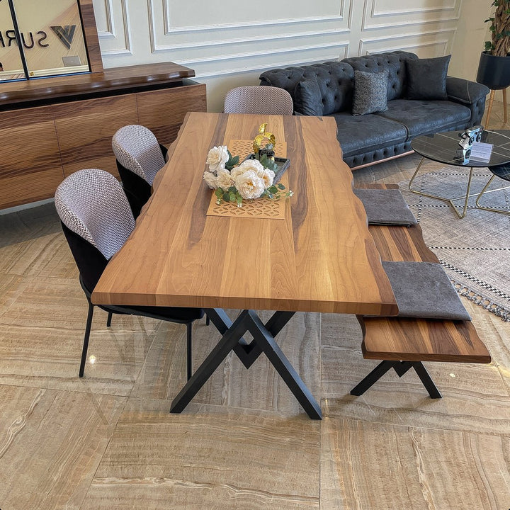Turkish Optimus Dining Table with Fabric Chairs (Dining Table + 4 Chairs + 2 Seaters Bench) - V Surfaces