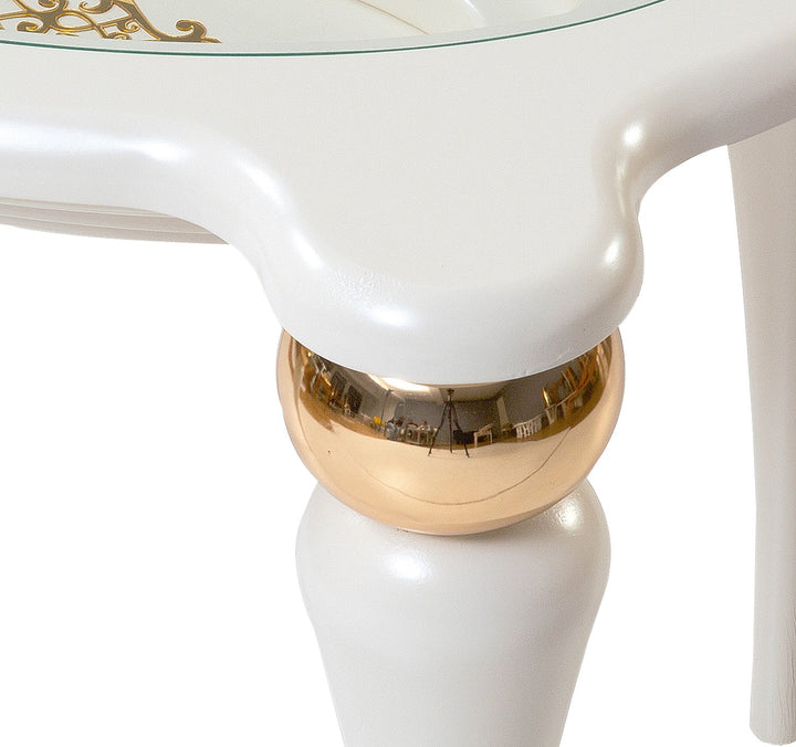 Turkish Side Table - MDF Paint - Cream Table With Golden Design - Tempered Glass - V Surfaces