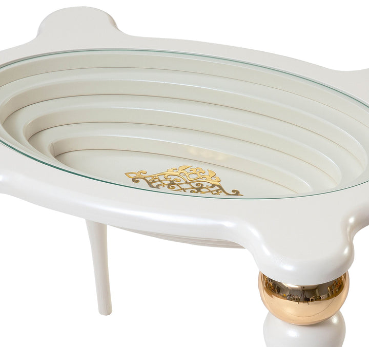 Turkish Side Table - MDF Paint - Cream Table With Golden Design - Tempered Glass - V Surfaces