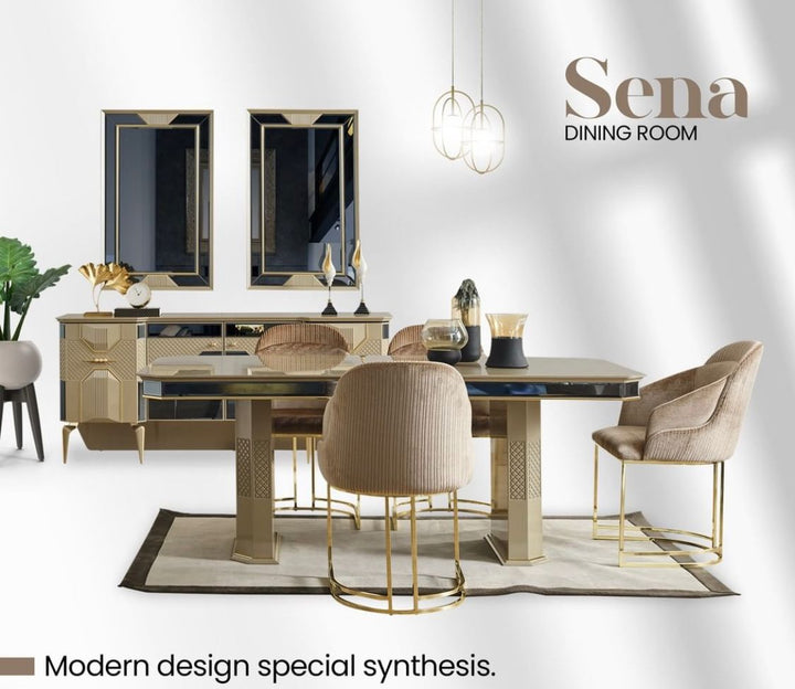 Turkish Sena Dining Table with Fabric Chairs, (Dining Table + 8 Chairs)